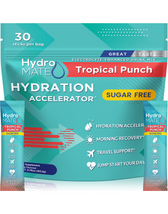 Hydro Mate Tropical Punch electrolyte powder drink mix bag with 30 single-serving stick packs. Promotes hydration, morning recovery, travel support, and jump-starting your day.