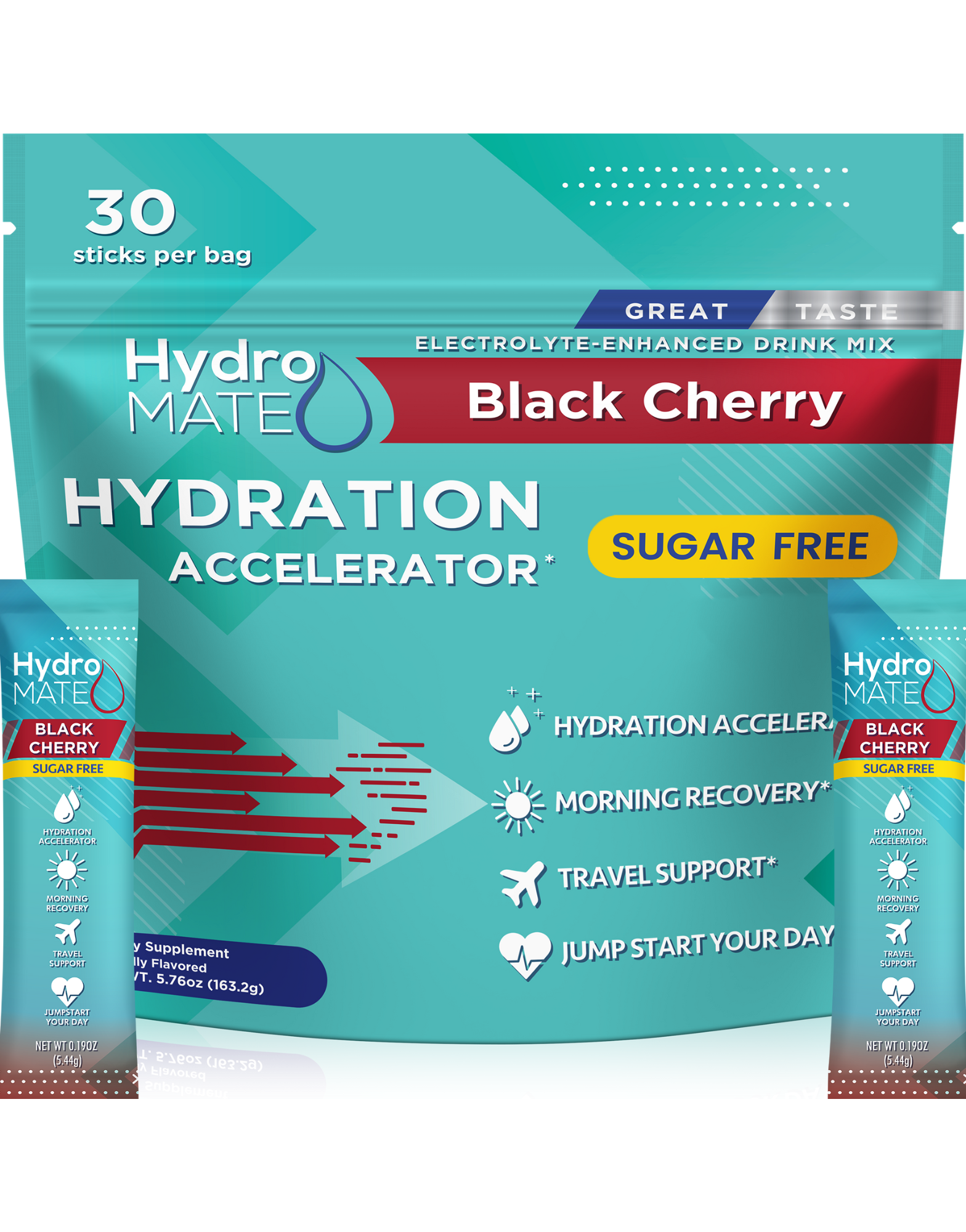 A teal bag of Hydro Mate Black Cherry Hydration Accelerator electrolyte drink mix with 30 single-serving stick packs.  This sugar-free drink mix aids in hydration, morning recovery, travel support, and helps you jumpstart your day.