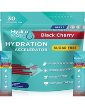 A teal bag of Hydro Mate Black Cherry Hydration Accelerator electrolyte drink mix with 30 single-serving stick packs. This sugar-free drink mix aids in hydration, morning recovery, travel support, and helps you jumpstart your day.