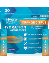 A blue and orange bag of Hydro Mate Orange Citrus Hydration Accelerator electrolyte drink mix with 30 single-serving stick packs.