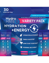 Hydro Mate Variety Pack featuring single-serving stick packs with electrolyte-enhanced drink mix. Flavors include strawberry, watermelon, berry, and grape.