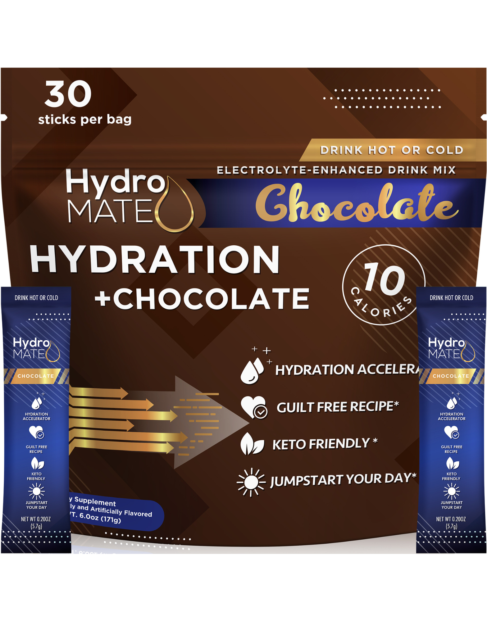 A brown and blue pouch displays the Hydro Mate logo and the words "Hydration + Chocolate." A single-serving stick leans against the pouch, showcasing its chocolate flavor and low calorie count.