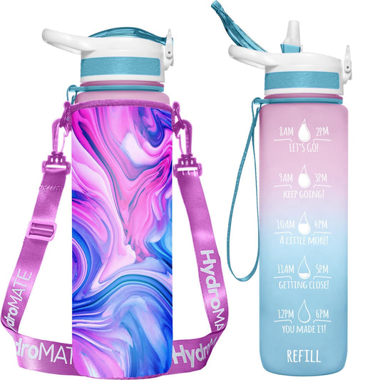 HydroMATE Motivational Time Marked Water Bottle 32 oz Water Bottle Bundle With Insulated Sleeve Cotton Candy Accessories, MCF, Sleeve, Turquoise HydroMATE Liter Insulated Water Bottle Sleeve Carrying Strap Cotton Candy HydroMate Time Marked Motivational Water Bottles. Drink more water bottle start to track your water intake daily with encouraging time markings. BPA-FREE Reusable Water Jugs and Water Bottles