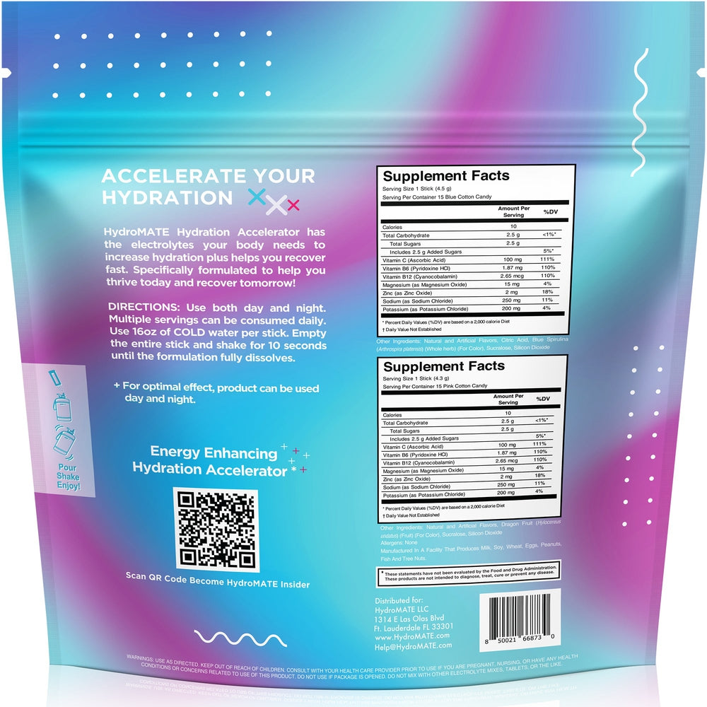 HydroMATE Motivational Time Marked Water Bottle HydroMATE Electrolytes Cotton Candy Powder 16 Sticks Limited Edition Hydrate 2-3x Faster with HydroMATE Hydration Cotton Candy Mix Packets Stop Dehydration with a Delicious Great Tasting Electrolyte Powder Mix for Water Individual Hydration Packs for Rapid Re-Hydration Variety Bag 16 HydroMate Packs