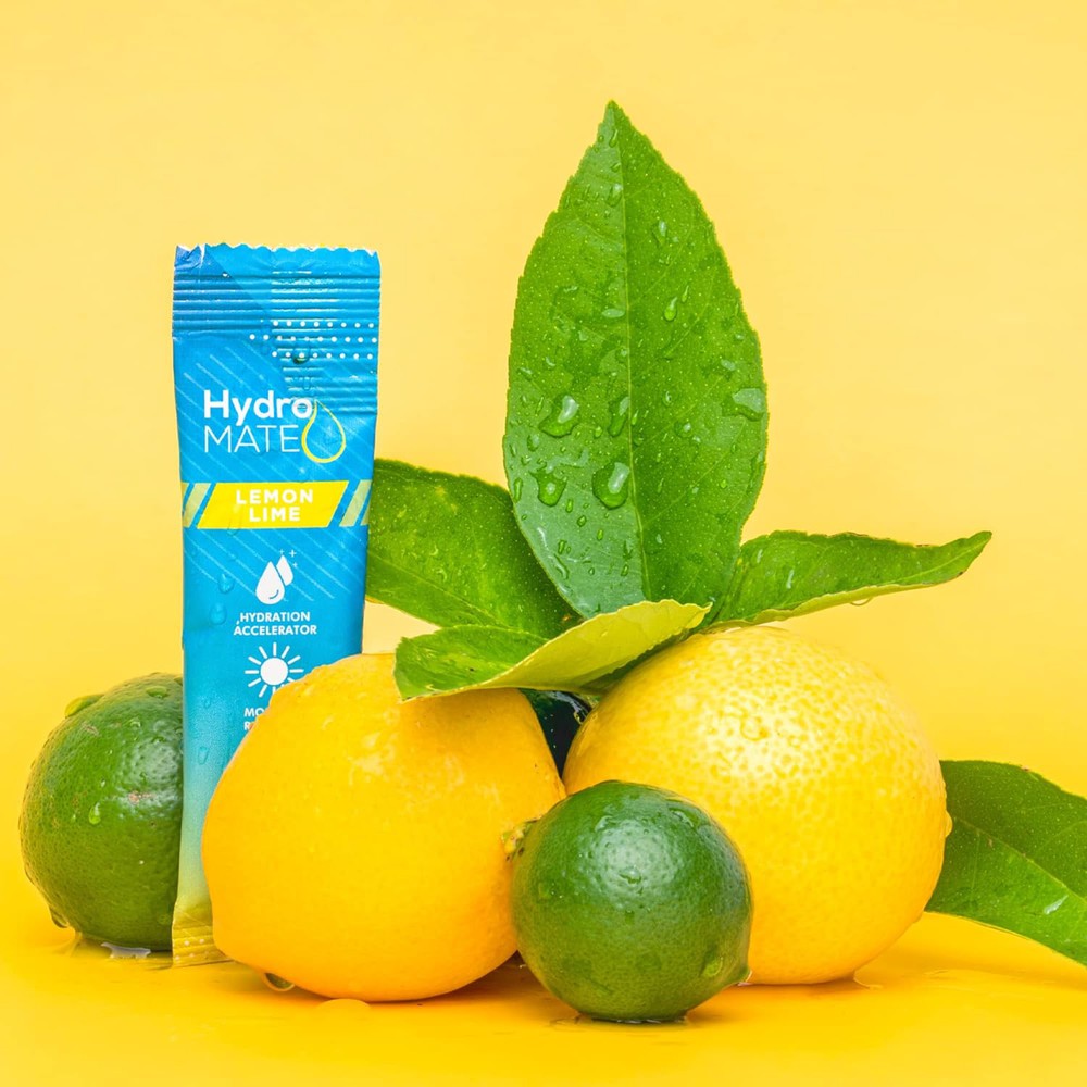HydroMATE Motivational Time Marked Water Bottle HydroMATE Electrolytes Lemon Lime Powder 16 Sticks Hydration_Accelerator, MCF