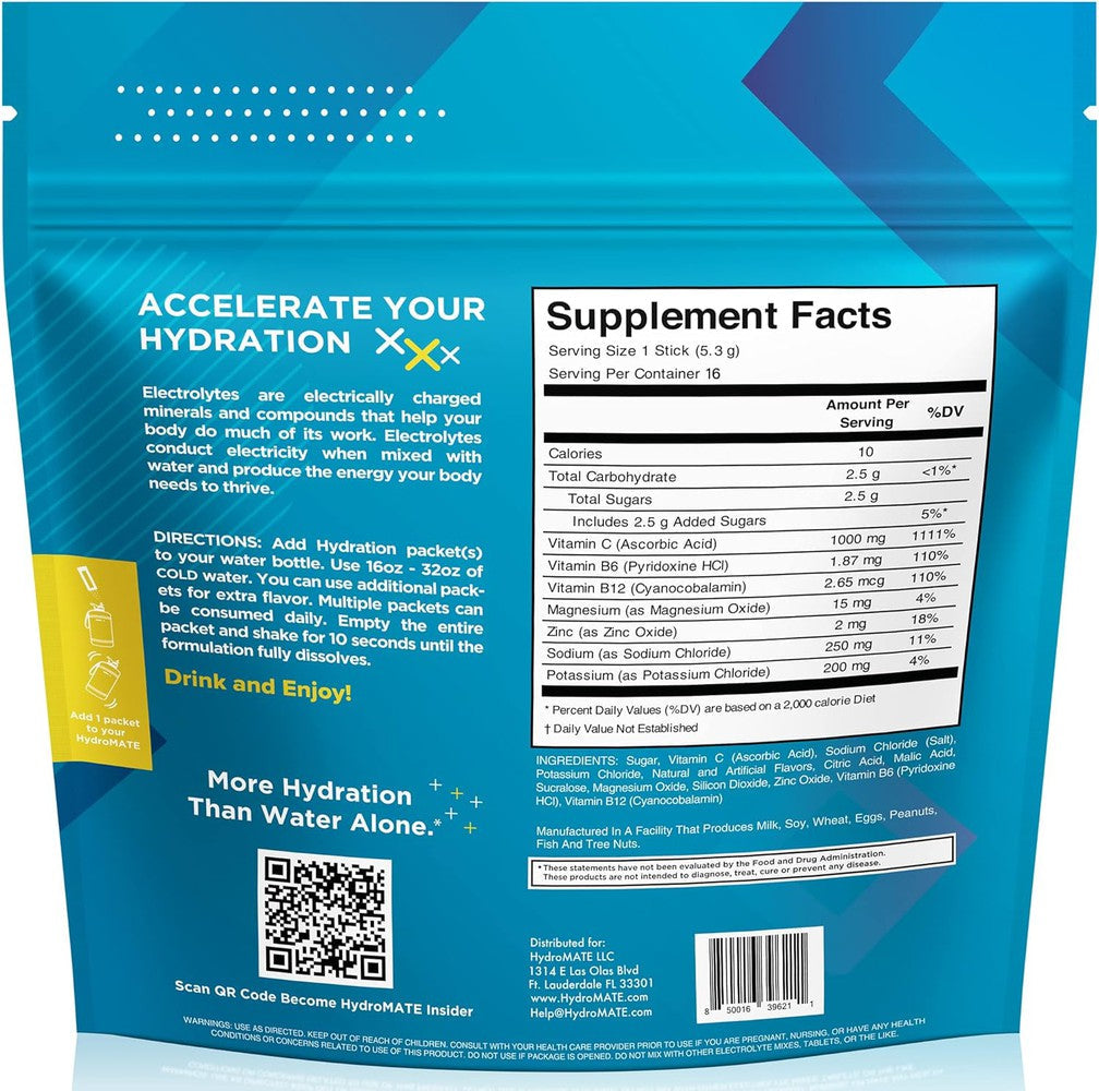 HydroMATE Motivational Time Marked Water Bottle HydroMATE Electrolytes Lemon Lime Powder 16 Sticks Hydration_Accelerator, MCF