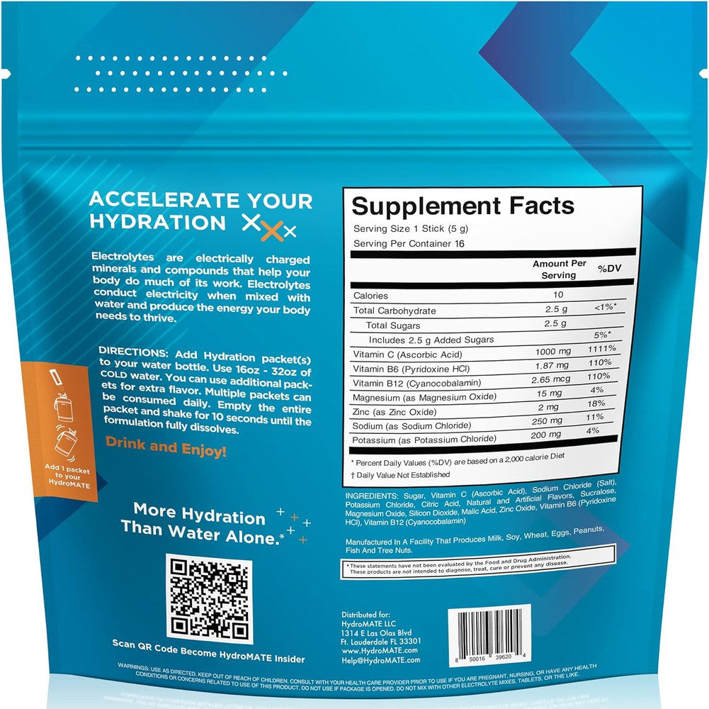 "Hydromate Electrolyte Powder Supplement Facts Label" accurately describes this image by highlighting the product's purpose and key information presented.