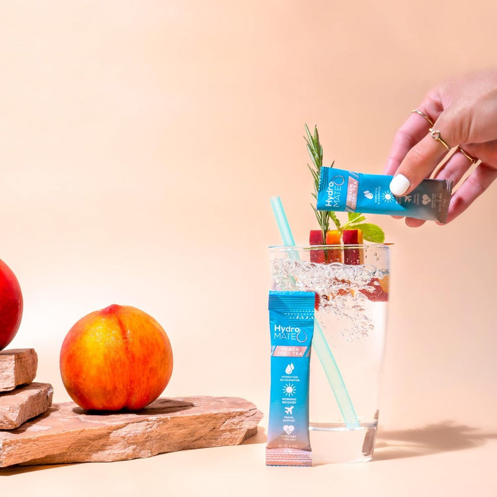 HydroMATE Motivational Time Marked Water Bottle HydroMATE Electrolytes Peach Iced Tea Powder 16 Sticks Hydration_Accelerator, MCF