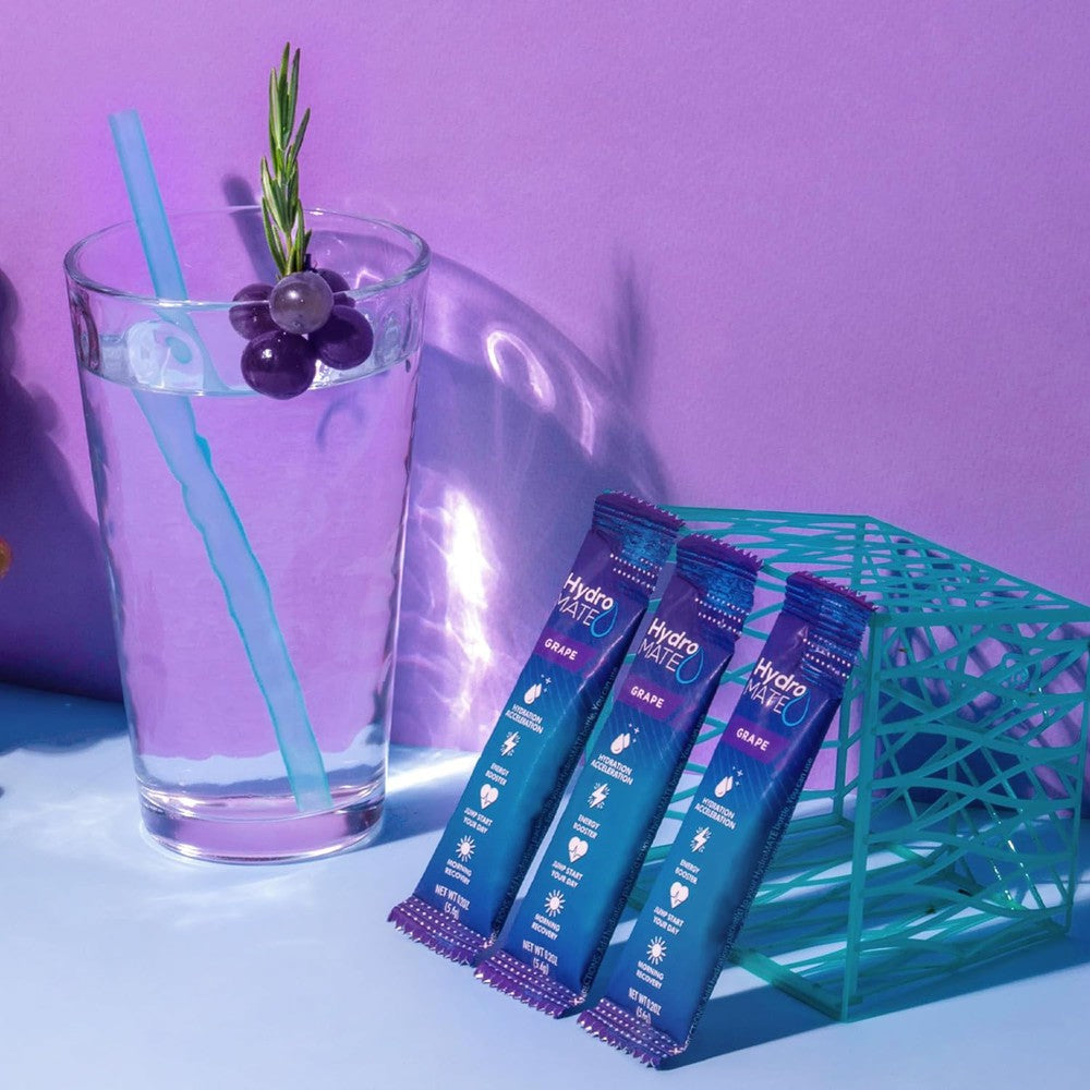 HydroMATE Motivational Time Marked Water Bottle HydroMATE Electrolytes Plus Energy Grape Powder 16 Sticks Hydration_Energy, MCF