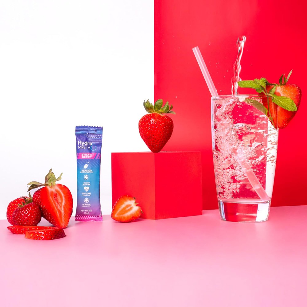 HydroMATE Motivational Time Marked Water Bottle HydroMATE Electrolytes Plus Energy Strawberry Powder 16 Sticks Hydration_Energy, MCF