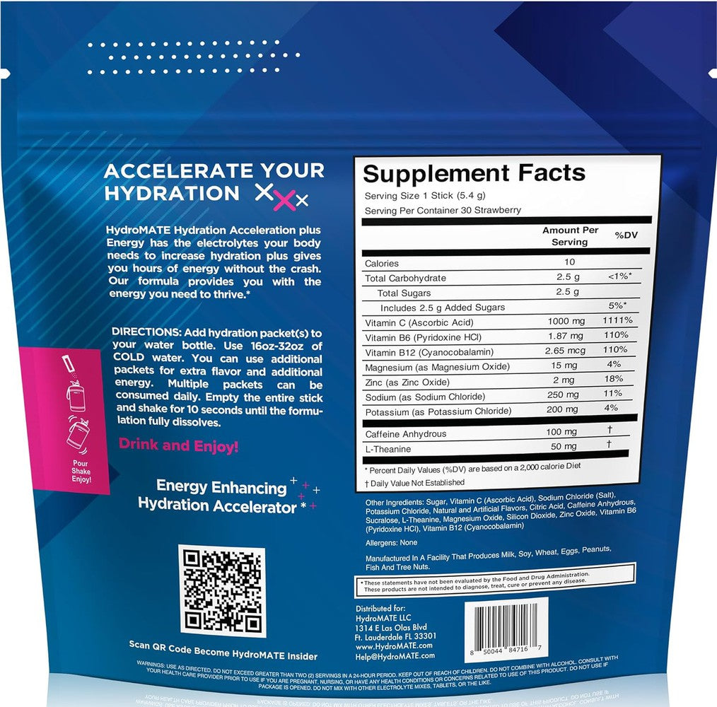 HydroMATE Motivational Time Marked Water Bottle HydroMATE Electrolytes Plus Energy Strawberry Powder 16 Sticks Hydration_Energy, MCF