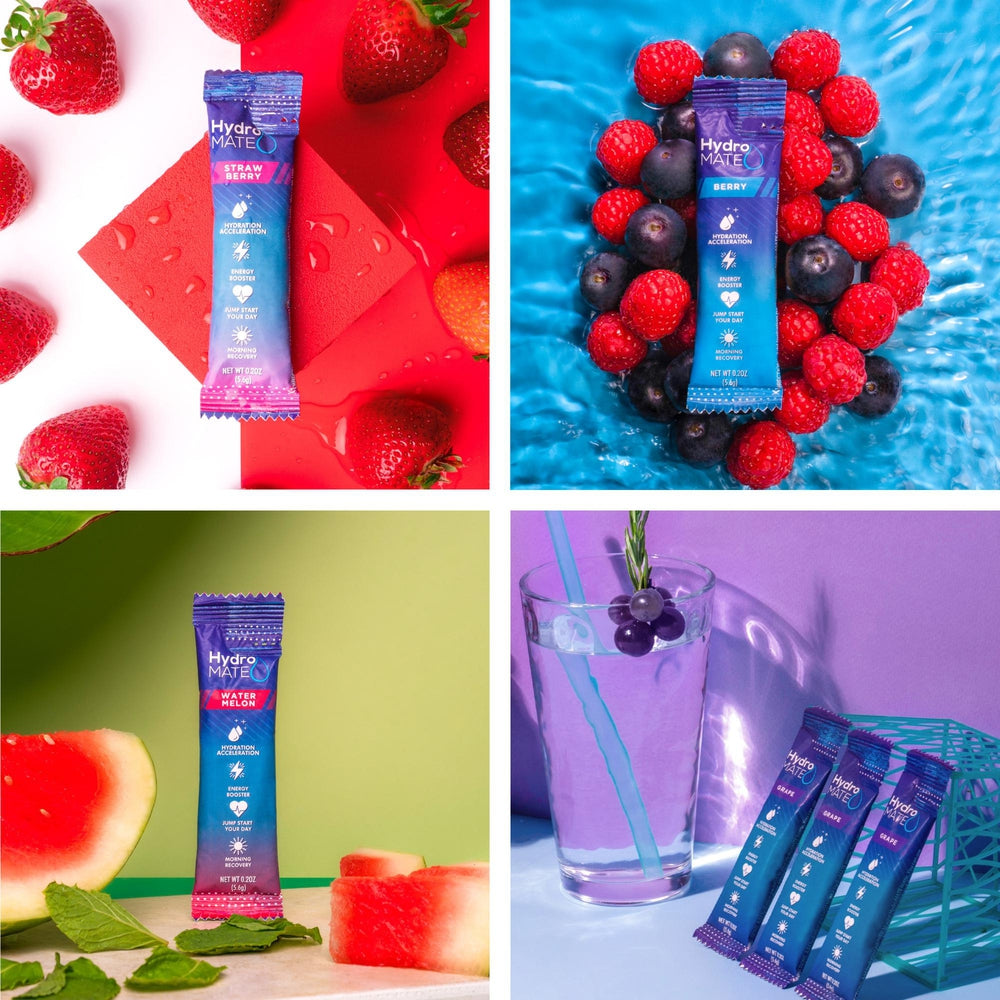 HydroMATE Motivational Time Marked Water Bottle HydroMATE Electrolytes Plus Energy Variety Pack 16 Sticks Hydration_Energy