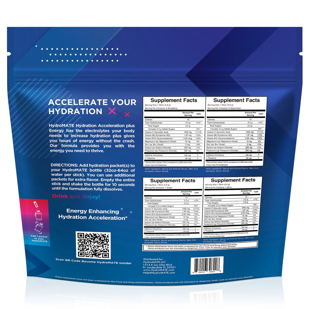 "HydrOMATE Hydration Acceleration drink mix back view with Supplement Facts for Strawberry, Watermelon and Grape flavors."