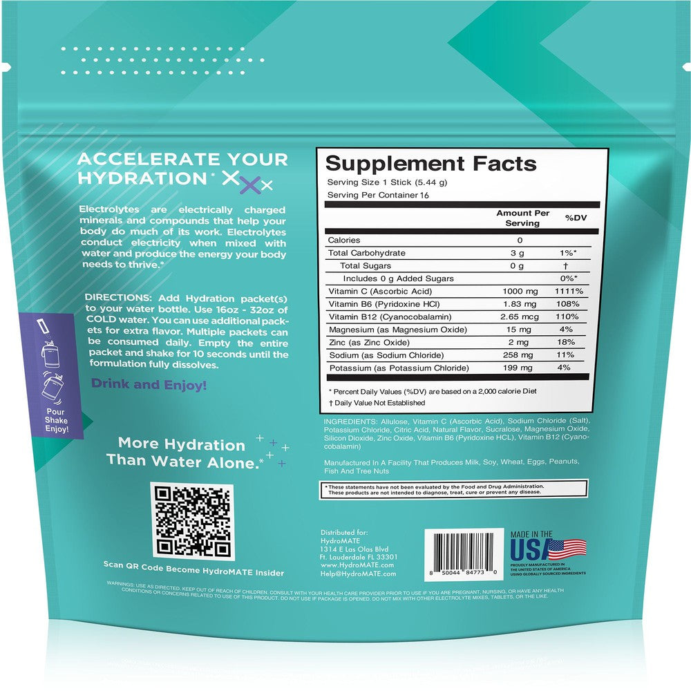 HydroMATE Motivational Time Marked Water Bottle HydroMATE Electrolytes Sugar Free Acai Berry 16 Sticks Hydration_SugarFree, MCF