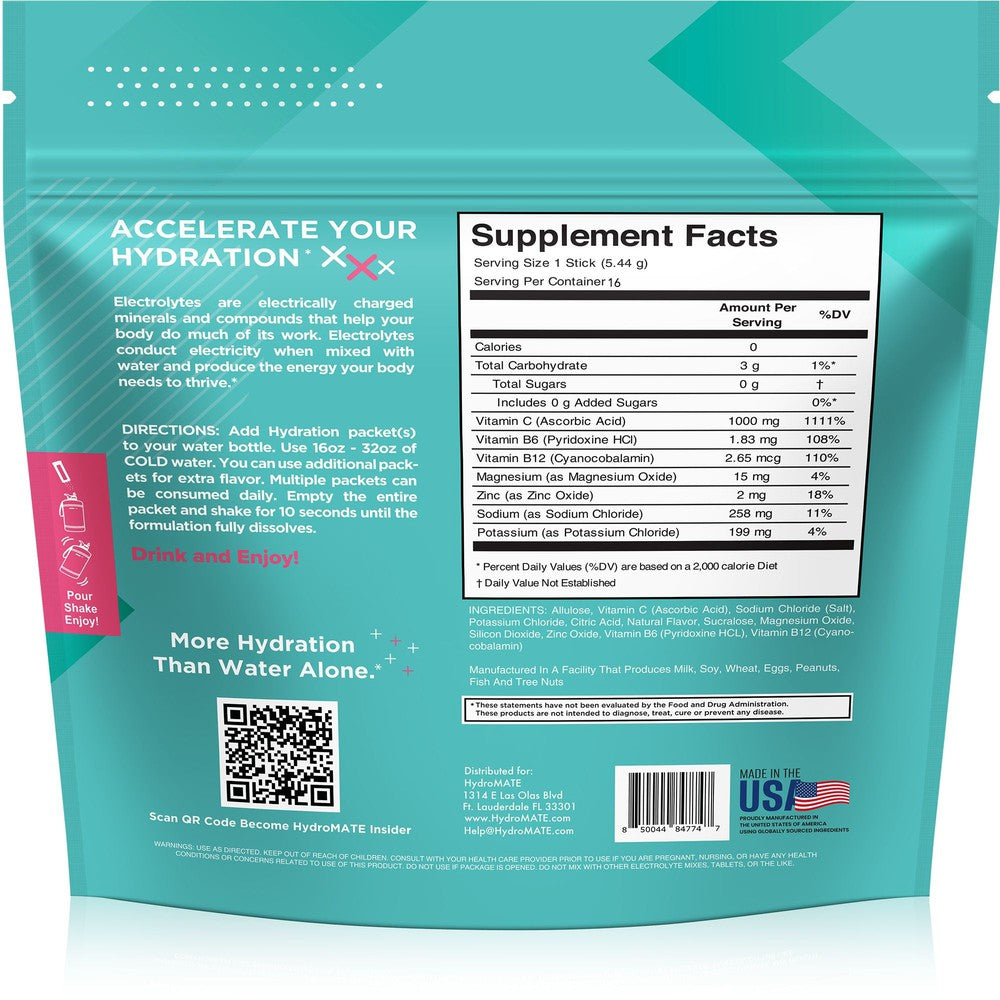HydroMATE Motivational Time Marked Water Bottle HydroMATE Electrolytes Sugar Free Strawberry Lemonade 16 Sticks Hydration_SugarFree, MCF