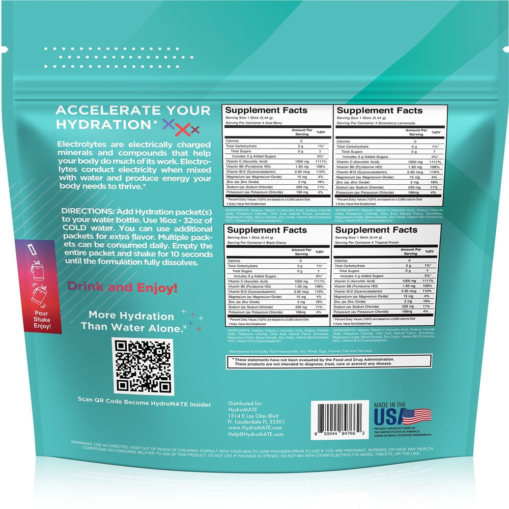 HydroMATE Motivational Time Marked Water Bottle HydroMATE Electrolytes Sugar Free Variety Pack 16 Sticks Hydration_SugarFree, MCF