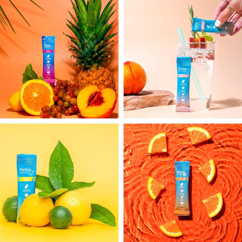Hydro Mate electrolyte packets enhance colorful fruit platters and refresh sparkling water drinks.