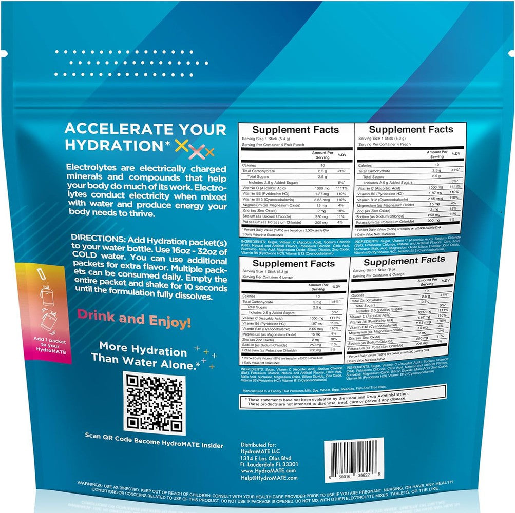 HydrOMATE electrolyte powder supplement facts label highlighting the product's ability to provide essential minerals for optimal hydration.