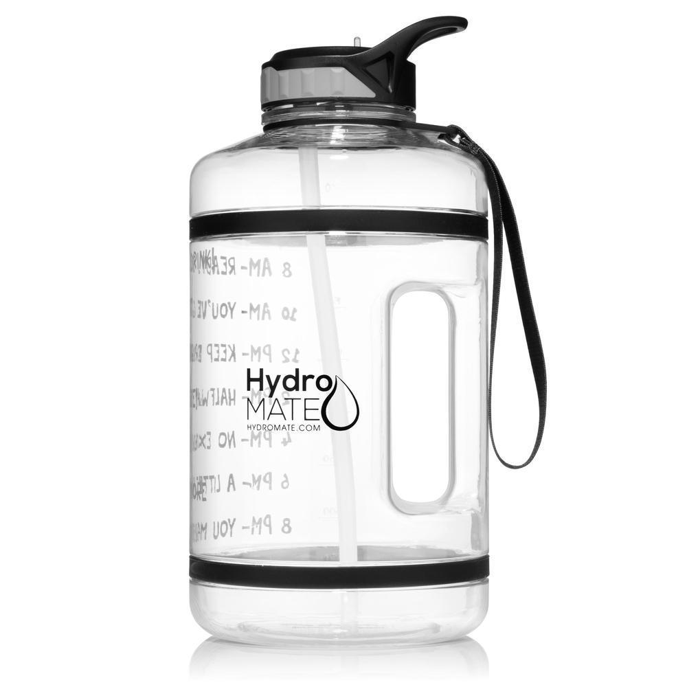 HydroMATE Motivational Time Marked Water Bottle 64 oz Water Bottle with Straw Clear Clear, Half Gallon (64 Oz), MCF, Straw HydroMATE Half Gallon 64oz Motivational Water Bottle with Straw BPA-FREE. HydroMATEUSA Turquoise Time Marked Water Bottles. Drink more water bottle start to track your daily water intake with encouraging measured time markings. BPA-FREE Reusable Water Jugs with time measurements
