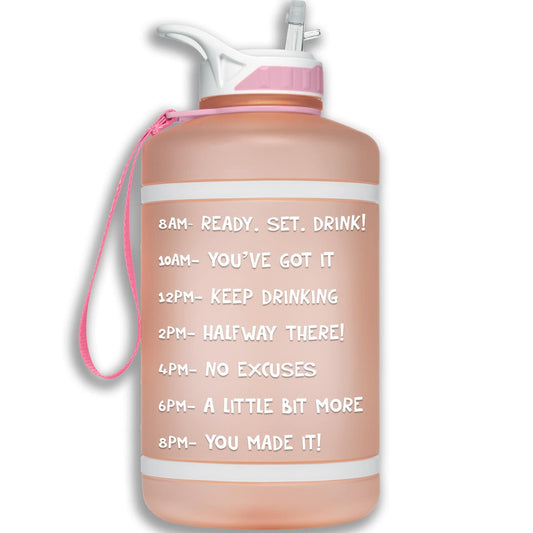 HydroMATE Motivational Time Marked Water Bottle 64 oz Water Bottle with Straw Rose Gold Frost, Half Gallon (64 Oz), MCF, Rose Gold, Straw 