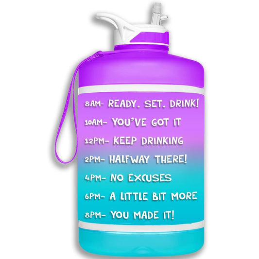 HydroMATE Motivational Time Marked Water Bottle Gallon Water Bottle with Straw Purple Aqua 1 Gallon (128 Oz), Blue, Frost, MCF, ombre, Purple, Straw HydroMATE Motivational Gallon Water Bottle with Hourly Time Markers Encourage You to Drink More Water Daily Reusable HydroMATE BPA Free Water Bottle with Straw and Handle Tracks Your Water Intake with 1 Gal Ready Set Drink Water Bottle Ombre Purple Aqua 