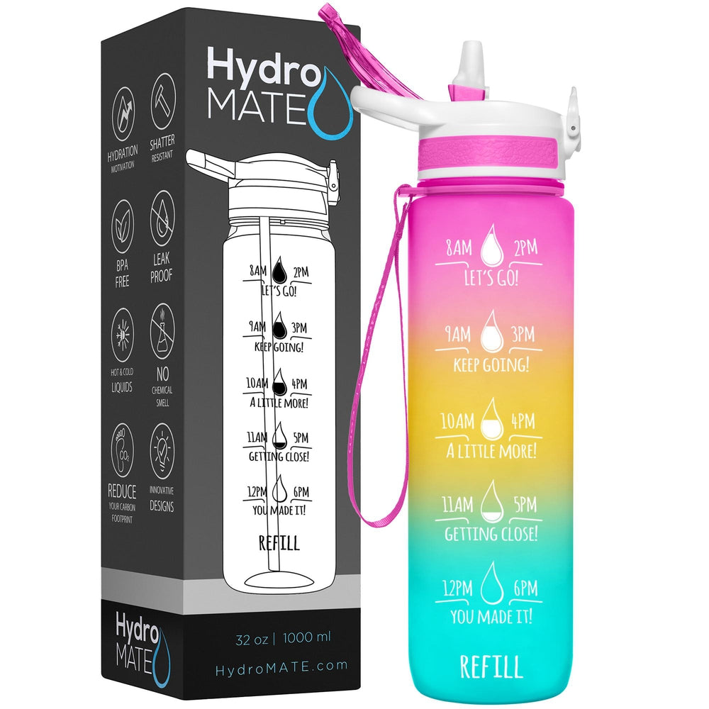 HydroMATE Motivational Time Marked Water Bottle 32 oz Straw Water Bottle with Times Sunrise 32 Oz (1 Liter), Blue, Frost, MCF, ombre, Straw, Turquoise HydroMate 32 oz Water Bottle with Straw and Handle Frost Sunrise Motivational Liter Water Bottle with Time Markers to Drink More Water Daily BPA FREE Time Marked Motivational Measurements Drink More Water Bottle with Reminders to Live Infinitely Better Track Water Intake All Day Inspirational Encouraging 
