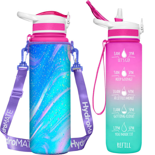 HydroMATE Motivational Time Marked Water Bottle 32 oz Water Bottle Bundle With Insulated Sleeve (Pink Mint Unicorn) Accessories, MCF, Sleeve, Turquoise HydroMATE Liter Insulated Water Bottle Sleeve Carrying Strap Unicorn HydroMate Time Marked Motivational Water Bottles. Drink more water bottle start to track your water intake daily with encouraging time markings. BPA-FREE Reusable Water Jugs and Water Bottles