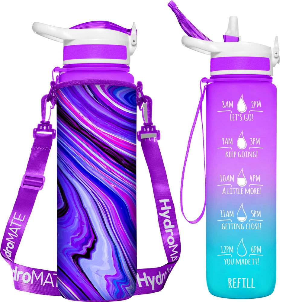 HydroMATE Motivational Time Marked Water Bottle 32 oz Water Bottle Bundle With Insulated Sleeve (Purple Mint Marble) Accessories, MCF, Sleeve, Turquoise HydroMATE Liter Insulated Water Bottle Sleeve Carrying Strap Marble HydroMate Time Marked Motivational Water Bottles. Drink more water bottle start to track your water intake daily with encouraging time markings. BPA-FREE Reusable Water Jugs and Water Bottles