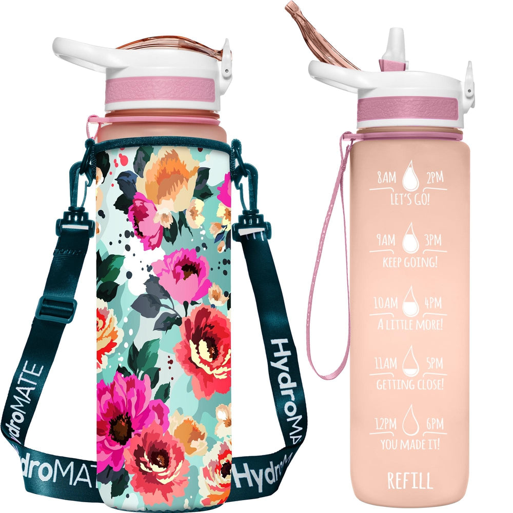 HydroMATE Motivational Time Marked Water Bottle 32 oz Water Bottle Bundle With Insulated Sleeve (Rose Gold Flower) Accessories, MCF, Sleeve, Turquoise HydroMATE Liter Insulated Water Bottle Sleeve Carrying Strap Flower HydroMate Time Marked Motivational Water Bottles. Drink more water bottle start to track your water intake daily with encouraging time markings. BPA-FREE Reusable Water Jugs and Water Bottles