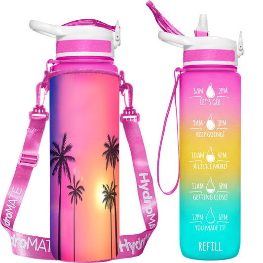 HydroMATE Motivational Time Marked Water Bottle 32 oz Water Bottle Bundle With Insulated Sleeve Sunrise Accessories, MCF, Sleeve, Turquoise HydroMATE Liter Insulated Water Bottle Sleeve Carrying Strap Sunrise HydroMate Time Marked Motivational Water Bottles. Drink more water bottle start to track your water intake daily with encouraging time markings. BPA-FREE Reusable Water Jugs and Water Bottles