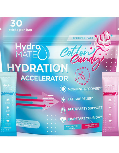 HydroMATE Motivational Time Marked Water Bottle HydroMATE Cotton Candy Hydration Powder Electrolyte Drink Mix 30 Pack Electrolytes, MCF Hydrate 2-3x Faster with HydroMATE Hydration Cotton Candy Mix Packets Stop Dehydration with a Delicious Great Tasting Electrolyte Powder Mix for Water Individual Hydration Packs for Rapid Re-Hydration Variety Bag