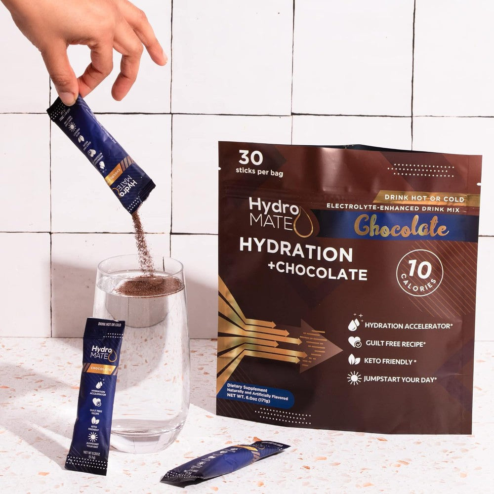 HydroMATE Motivational Time Marked Water Bottle HydroMATE Electrolytes Chocolate Powder 16 Sticks Limited Edition 