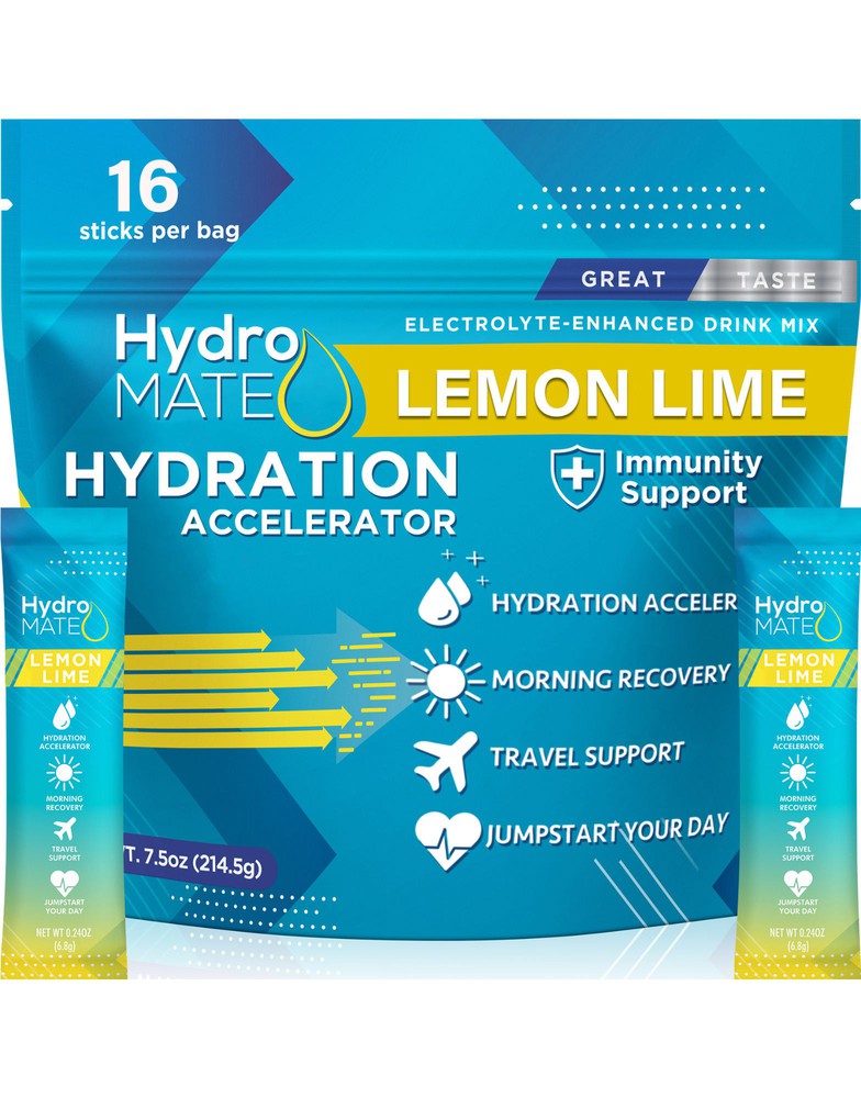 HydroMATE Motivational Time Marked Water Bottle HydroMATE Electrolytes Lemon Lime Powder 16 Sticks Hydration_Accelerator, MCF 