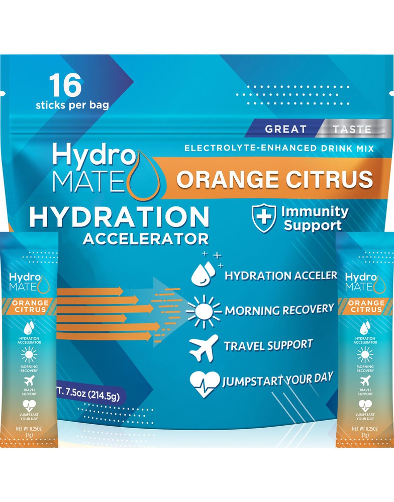 HydroMATE Motivational Time Marked Water Bottle HydroMATE Electrolytes Orange Citrus Powder 16 Sticks Hydration_Accelerator, MCF, Out of stock 