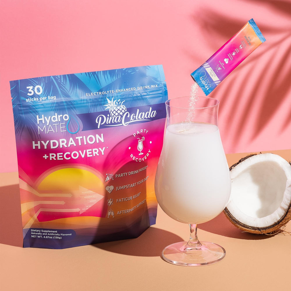 HydroMATE Motivational Time Marked Water Bottle HydroMATE Electrolytes Pina Colada Powder 16 Sticks Limited Edition Hydrate 2-3x Faster with HydroMATE Hydration Pina Colada Mix Packets Stop Dehydration with a Delicious Great Tasting Electrolyte Powder Mix for Water Individual Hydration Packs for Rapid Re-Hydration Variety Bag