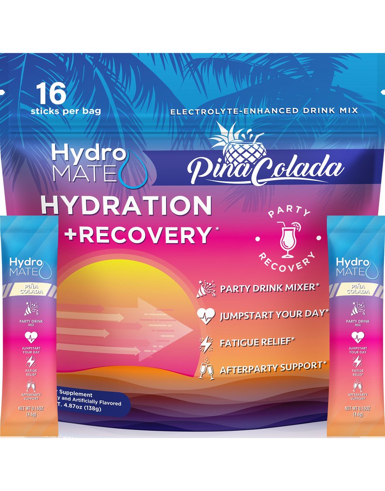 HydroMATE Motivational Time Marked Water Bottle HydroMATE Electrolytes Pina Colada Powder 16 Sticks Limited Edition Hydrate 2-3x Faster with HydroMATE Hydration Pina Colada Mix Packets Stop Dehydration with a Delicious Great Tasting Electrolyte Powder Mix for Water Individual Hydration Packs for Rapid Re-Hydration Variety Bag