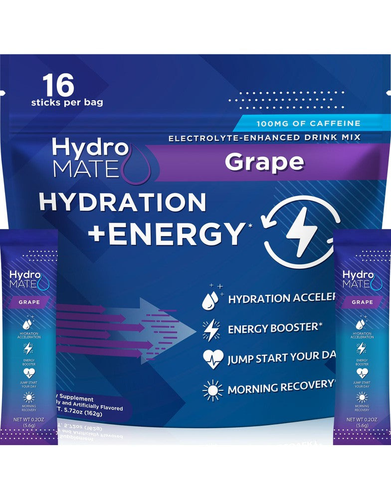 HydroMATE Motivational Time Marked Water Bottle HydroMATE Electrolytes Plus Energy Grape Powder 16 Sticks Hydration_Energy, MCF 