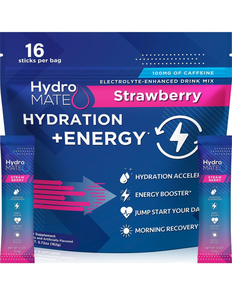 HydroMATE Motivational Time Marked Water Bottle HydroMATE Electrolytes Plus Energy Strawberry Powder 16 Sticks Hydration_Energy, MCF 