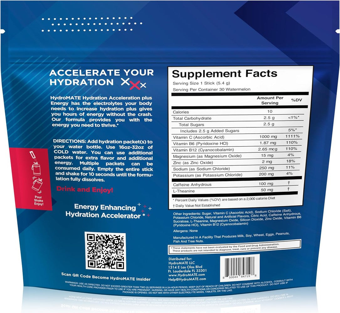 HydroMATE Motivational Time Marked Water Bottle HydroMATE Electrolytes Plus Energy Watermelon Powder 16 Sticks Hydration_Energy, MCF 