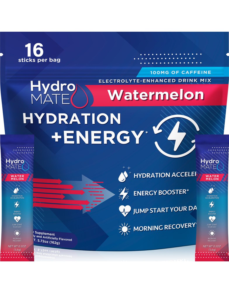 HydroMATE Motivational Time Marked Water Bottle HydroMATE Electrolytes Plus Energy Watermelon Powder 16 Sticks Hydration_Energy, MCF 