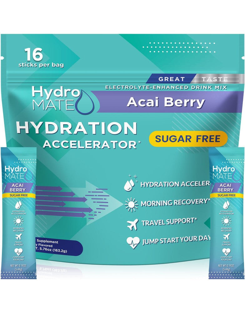 HydroMATE Motivational Time Marked Water Bottle HydroMATE Electrolytes Sugar Free Acai Berry 16 Sticks Hydration_SugarFree, MCF 