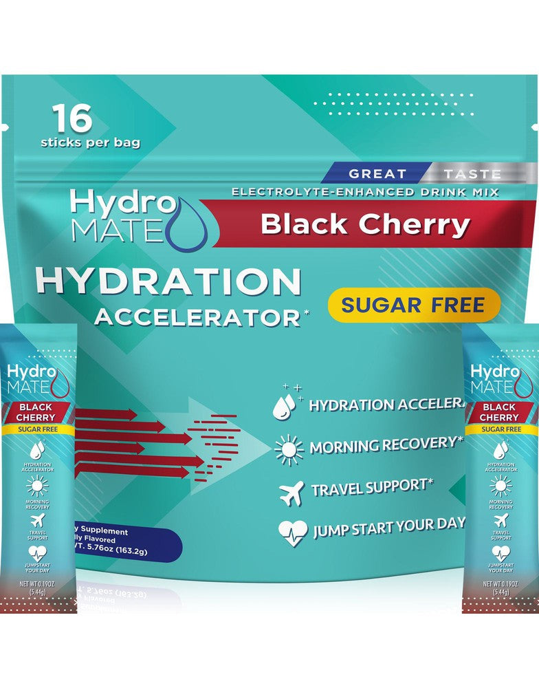 HydroMATE Motivational Time Marked Water Bottle HydroMATE Electrolytes Sugar Free Black Cherry 16 Sticks Hydration_SugarFree, MCF 