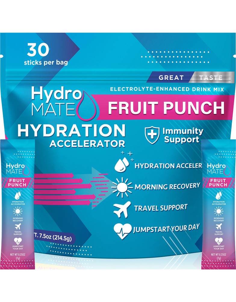 HydroMATE Motivational Time Marked Water Bottle HydroMate Electrolyte Drink Mix Packs Fruit Punch 30 Count MCF, OldSKu 3x More Rapid Hydration with HydroMate Hydration Accelerator Electrolyte Drink Mix Packets. HydroMate Drink Mix with Immune System Support Formula and Vitamin C ReHydrates you Faster for Stress Relief Fatigue Prevention and Hangover Recovery Fruit Fusion