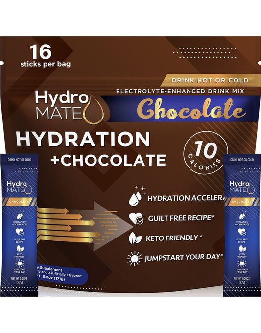 HydroMATE Motivational Time Marked Water Bottle HydroMate Electrolytes Chocolate Powder 16 Sticks Electrolytes, MCF 