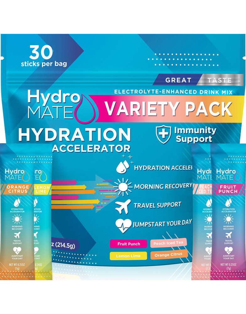 HydroMATE Motivational Time Marked Water Bottle HydroMate Hydration Powder Electrolyte Drink 30 Count Electrolytes, MCF, Parent-Listings 