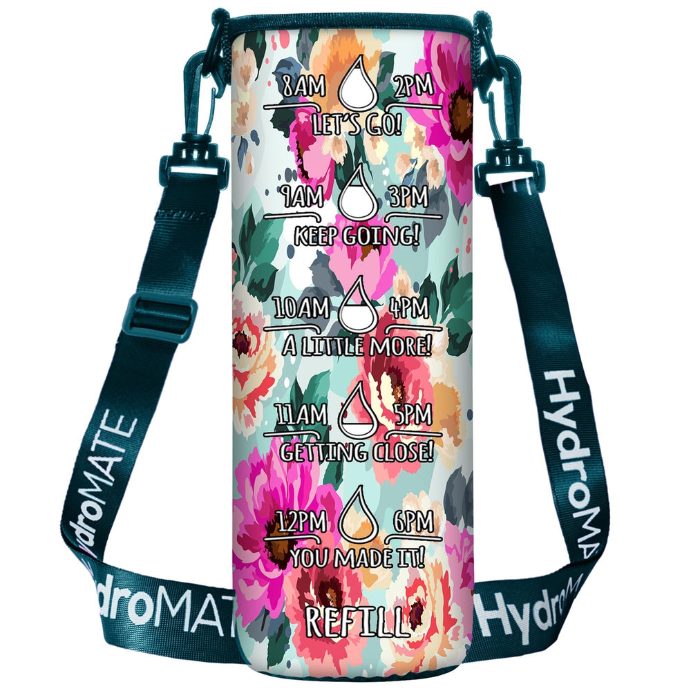 HydroMATE Motivational Time Marked Water Bottle 32 oz Insulated Water Bottle Sleeve Flower Accessories, Sleeve, Turquoise HydroMATE Liter Insulated Water Bottle Sleeve Carrying Strap Flower HydroMate Time Marked Motivational Water Bottles. Drink more water bottle start to track your water intake daily with encouraging time markings. BPA-FREE Reusable Water Jugs and Water Bottles