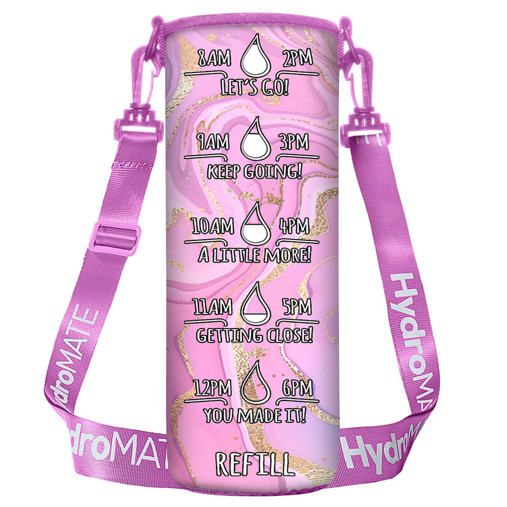 HydroMATE Motivational Time Marked Water Bottle 32 oz Insulated Water Bottle Sleeve Pink Marble Accessories, Sleeve, Turquoise HydroMATE Liter Insulated Water Bottle Sleeve Carrying Strap Pink Marble HydroMate Time Marked Motivational Water Bottles. Drink more water bottle start to track your water intake daily with encouraging time markings. BPA-FREE Reusable Water Jugs and Water Bottles