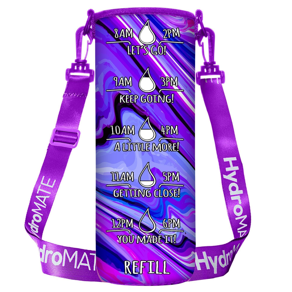 HydroMATE Motivational Time Marked Water Bottle 32 oz Insulated Water Bottle Sleeve Purple Marble Accessories, Sleeve, Turquoise HydroMATE Liter Insulated Water Bottle Sleeve Carrying Strap Purple Marble HydroMate Time Marked Motivational Water Bottles. Drink more water bottle start to track your water intake daily with encouraging time markings. BPA-FREE Reusable Water Jugs and Water Bottles