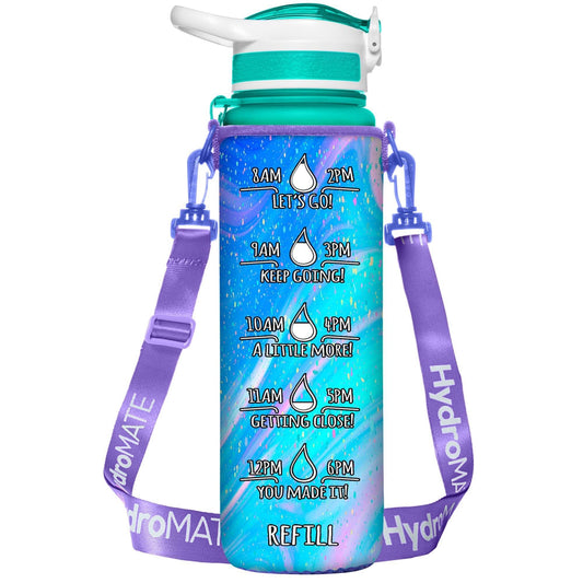 HydroMATE Motivational Time Marked Water Bottle 32 oz Insulated Water Bottle Sleeve Unicorn Accessories, Sleeve, Turquoise HydroMATE Liter Insulated Water Bottle Sleeve Carrying Strap Unicorn HydroMate Time Marked Motivational Water Bottles. Drink more water bottle start to track your water intake daily with encouraging time markings. BPA-FREE Reusable Water Jugs and Water Bottles
