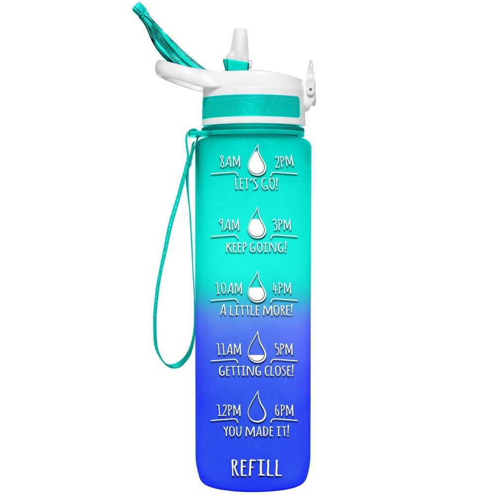 HydroMATE Motivational Time Marked Water Bottle 32 oz Straw Water Bottle with Times Aqua Blue 32 Oz (1 Liter), Blue, Frost, MCF, ombre, Straw, Turquoise HydroMate 32 oz Water Bottle with Straw and Handle Frost Pink and Mint Motivational Liter Water Bottle with Time Markers to Drink More Water Daily BPA FREE Time Marked Motivational Measurements Drink More Water Bottle with Reminders to Live Infinitely Better Track Water Intake All Day Inspirational Encouraging 
